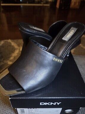DKNY Black Leather Open-Toe Slide Mules with Gold Accents